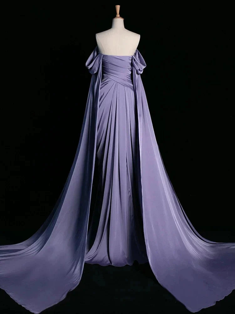 Royal Purple A-Line Off Shoulder Satin Long Formal Prom Dresses Formal Evening Dresses