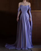 Royal Purple A-Line Off Shoulder Satin Long Formal Prom Dresses Formal Evening Dresses