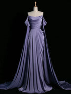 Royal Purple A-Line Off Shoulder Satin Long Formal Prom Dresses Formal Evening Dresses