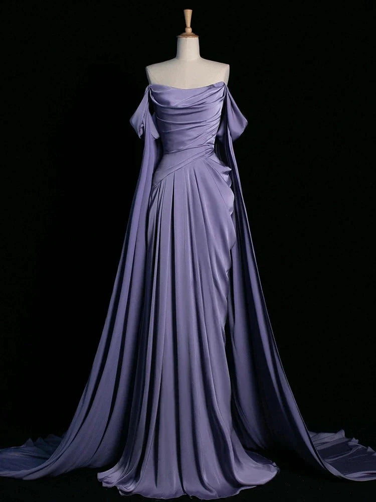 Royal Purple A-Line Off Shoulder Satin Long Formal Prom Dresses Formal Evening Dresses