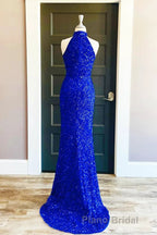 Sequins High Neck Royal Blue Long Party Dresses with Slit