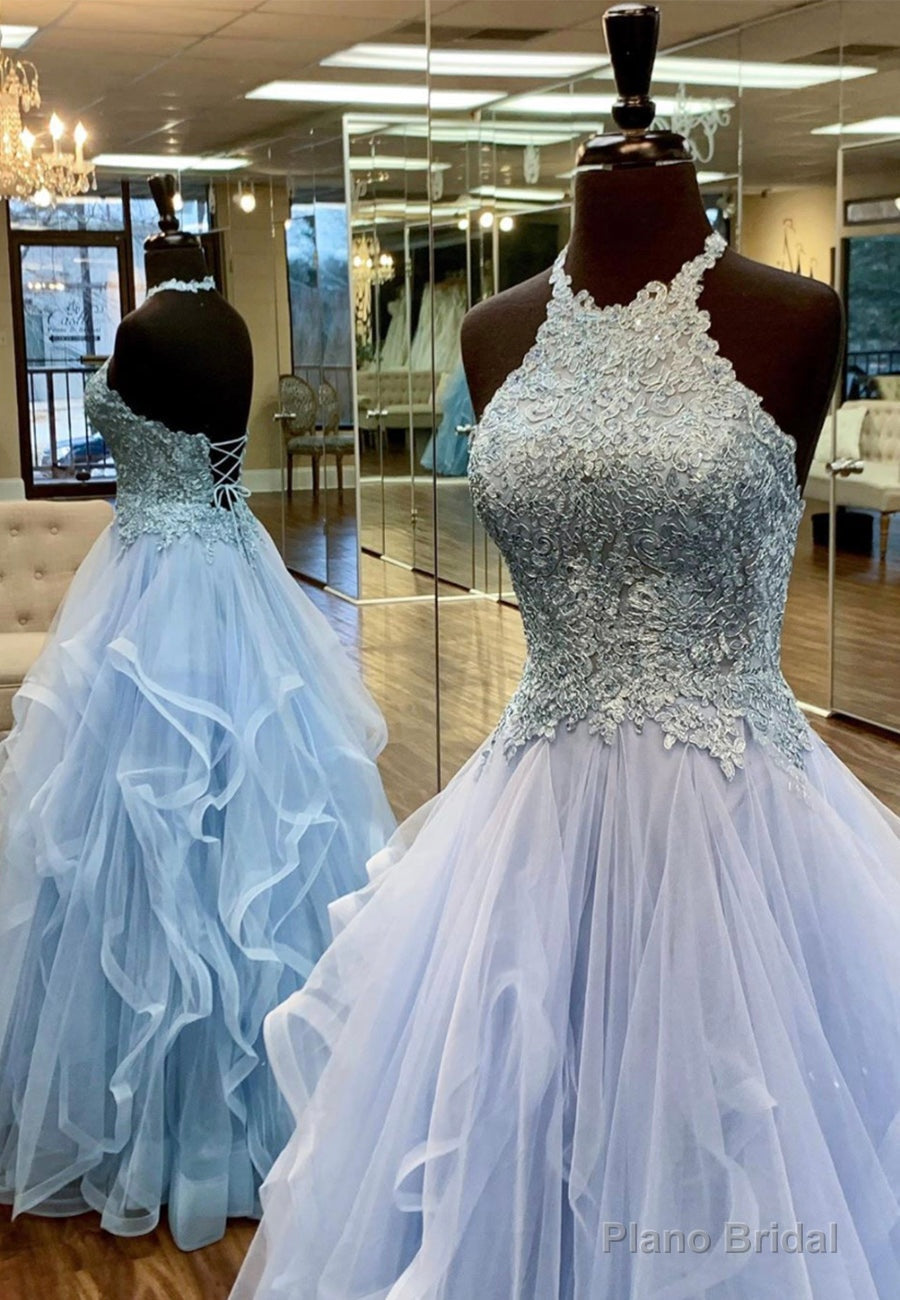 Blue Tulle Long A-Line Prom Dresses, Lace Evening Dresses Main image