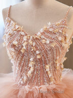 Unique V Neck Tulle Sequin Orange Pink Long Formal Prom Dresses, Orange Pink Sweet 16 Dresses