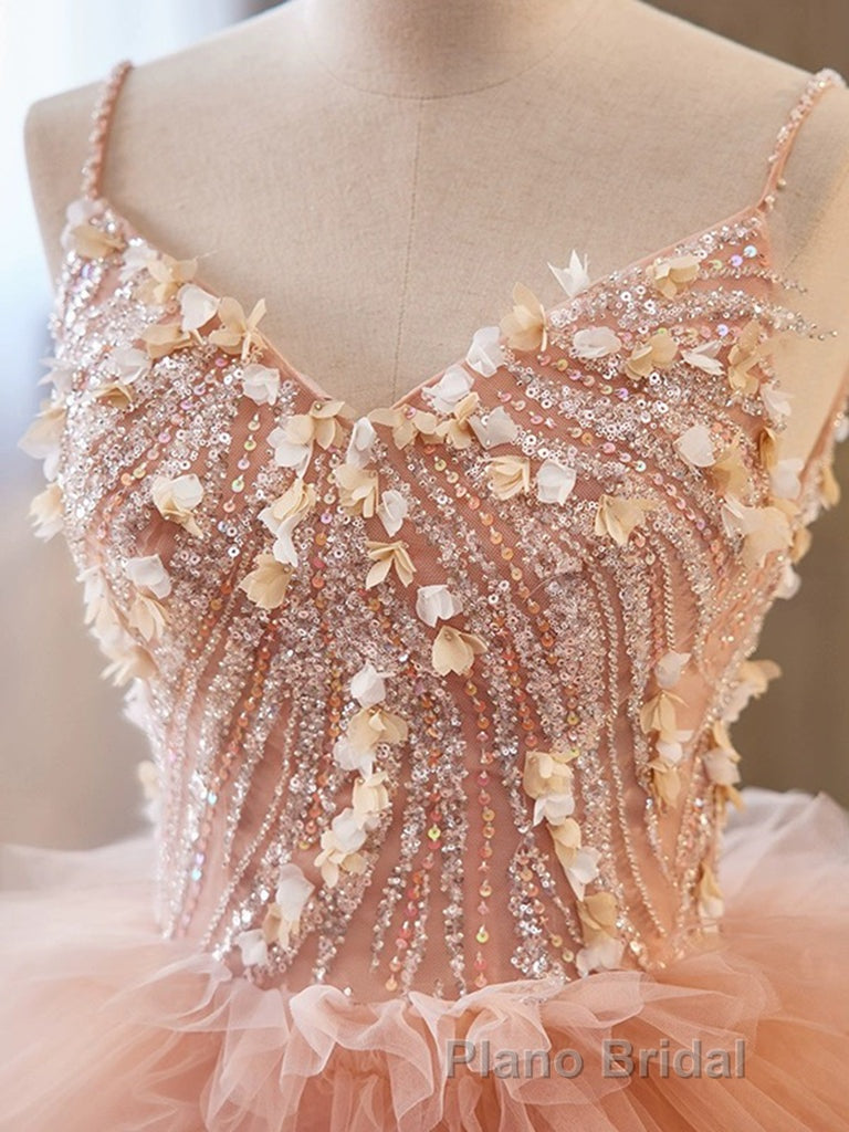 Unique V Neck Tulle Sequin Orange Pink Long Formal Prom Dresses, Orange Pink Sweet 16 Dresses