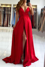 Ruby Red Chic High Split Court Train Long Evening Dress