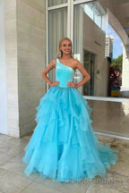 Ruffle One Shoulder Royal Blue Velvet Top Long Prom Dresses