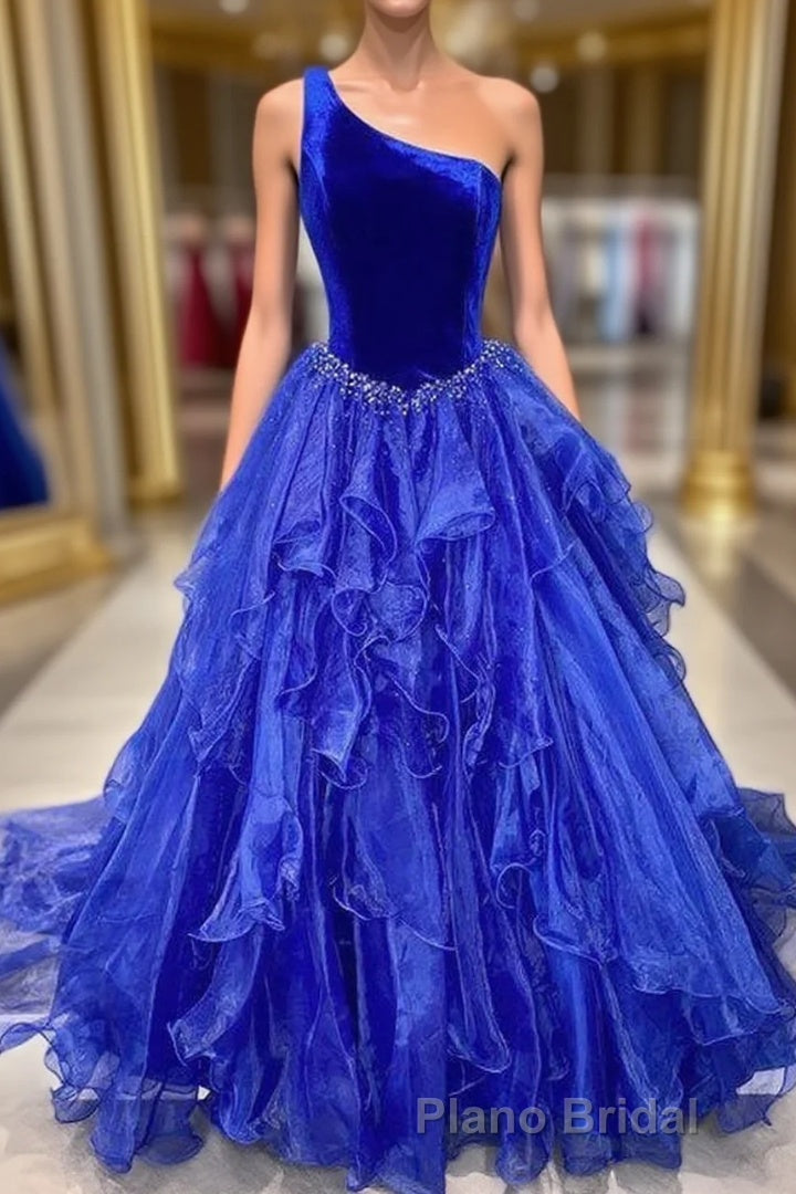 Ruffle One Shoulder Royal Blue Velvet Top Long Prom Dresses Main image
