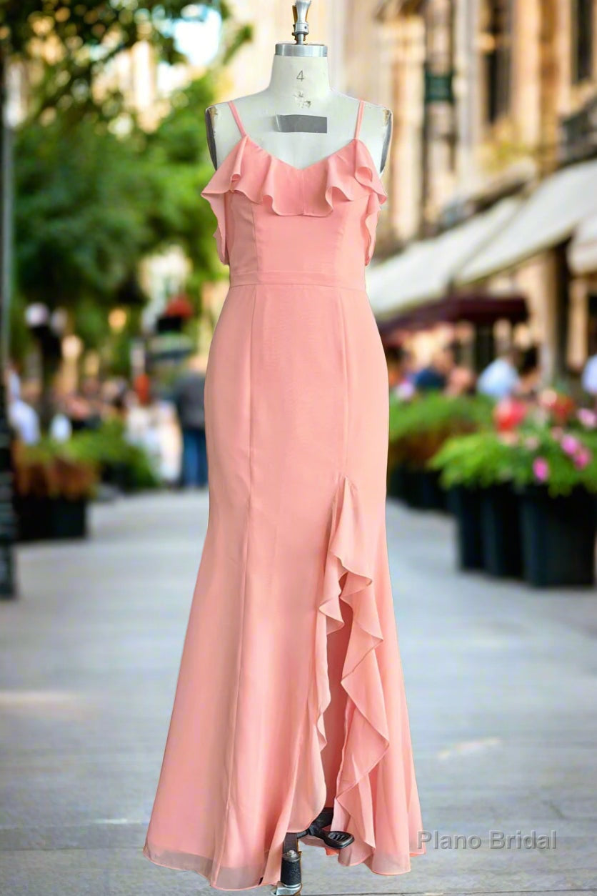 Ruffle V-neck Flutter Sleeves Mermaid Chiffon Coral Pink Bridesmaid Dress Main image
