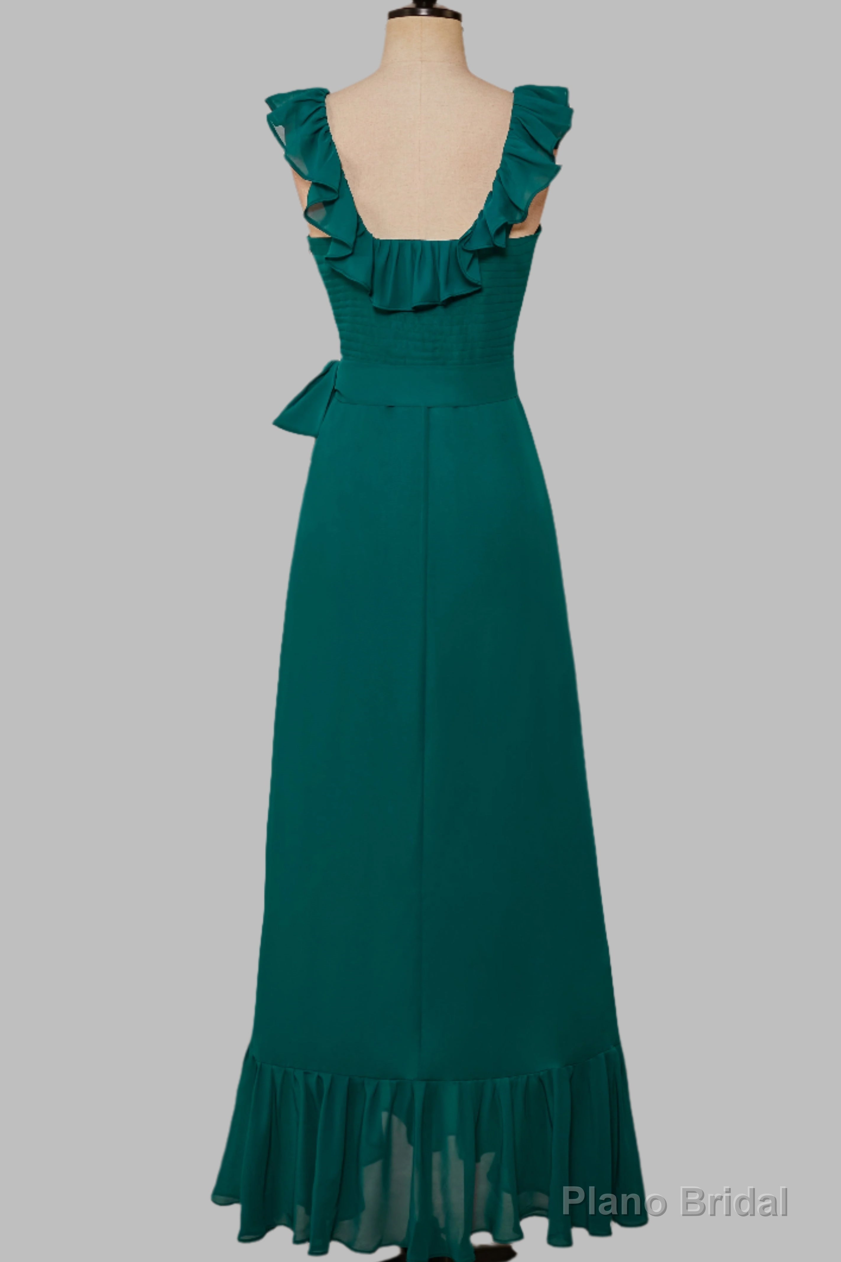 Ruffled Crew Neck Emerald Chiffon Midi Bridesmaid Dress Secondary image