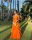 Ruffles Orange Long Formal Prom Dresses V Neck Wedding Guest Dresses