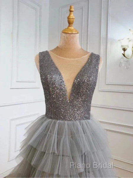 Ruffles Tulle V Neck Gray Sequin Long Formal Prom Dresses Secondary image