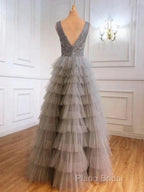Ruffles Tulle V Neck Gray Sequin Long Formal Prom Dresses