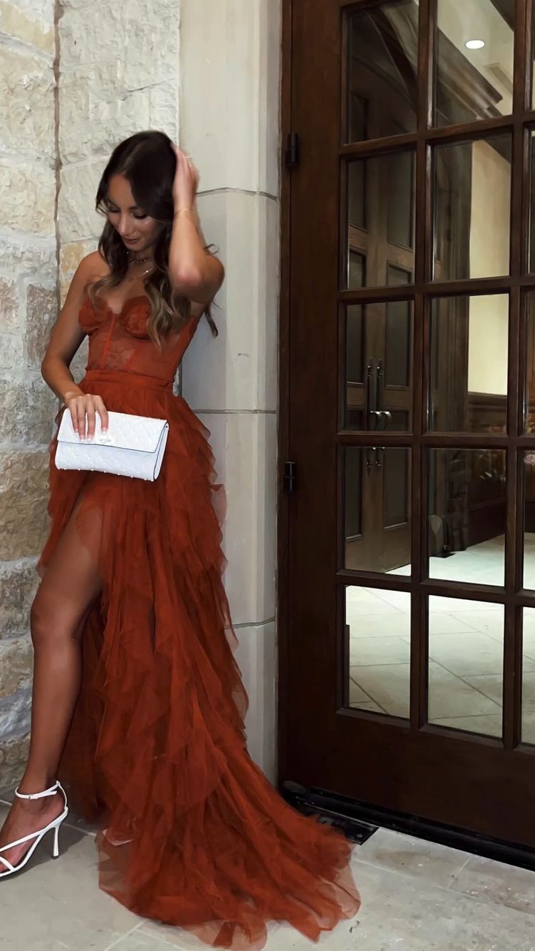 Rust Red Sweetheart High Low Tiered Formal Dresses