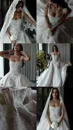 Rustic Wedding Dress Ball Gown Square Neck White Lace Tulle Long Wedding Dresses Summer Brides Dress Bridal Gowns