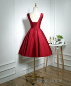 Simple Burgundy Satin V Neck Short Formal Prom Dresses, Evening Dresses