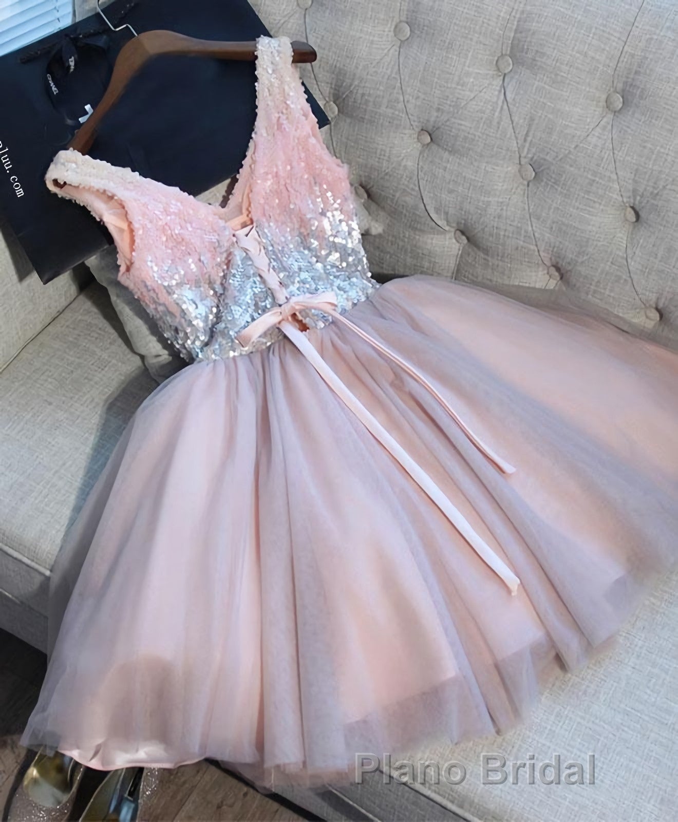 Cute Pink V Neck Tulle Seqsuins Short Formal Prom Dresses, Cocktail Dresses