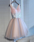 Cute Pink V Neck Tulle Seqsuins Short Formal Prom Dresses, Cocktail Dresses