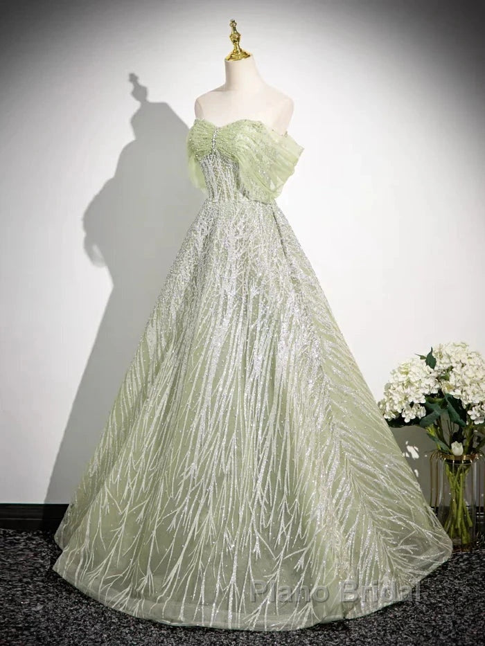 Sage A-Line Off The Shoulder Glittering Tulle Sequins Long Formal Prom Dresses Sweet 16 Dresses