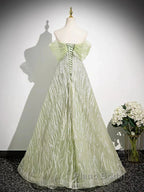 Sage A-Line Off The Shoulder Glittering Tulle Sequins Long Formal Prom Dresses Sweet 16 Dresses