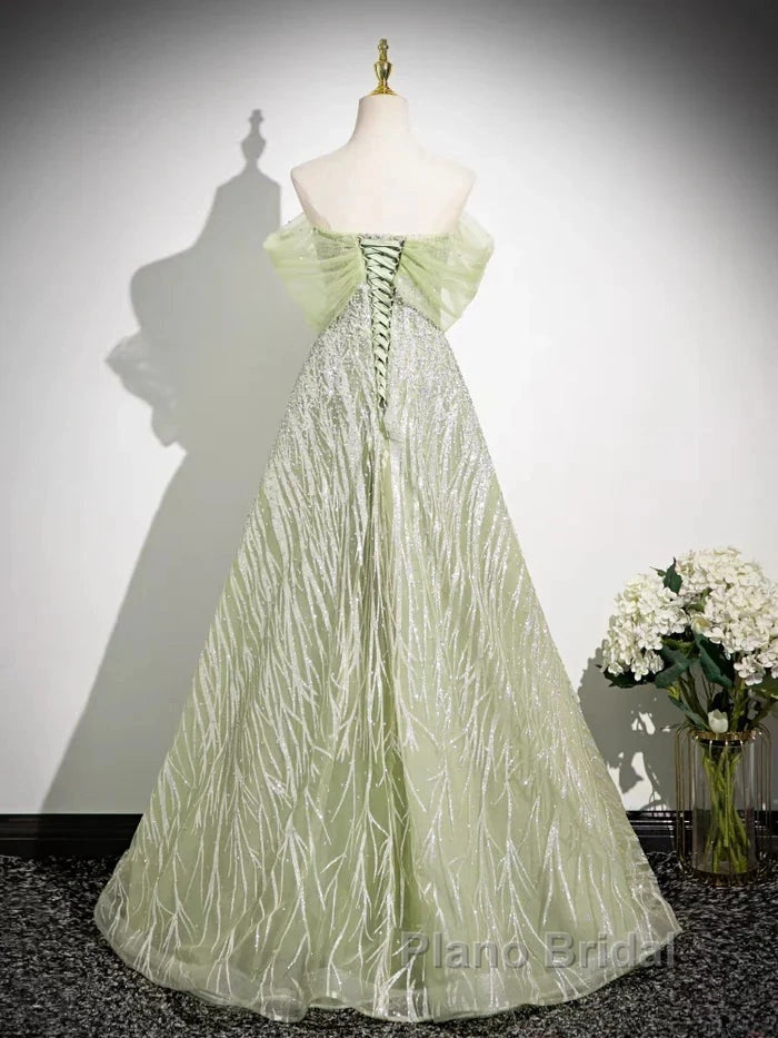 Sage A-Line Off The Shoulder Glittering Tulle Sequins Long Formal Prom Dresses Sweet 16 Dresses