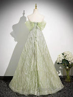 Sage A-Line Off The Shoulder Glittering Tulle Sequins Long Formal Prom Dresses Sweet 16 Dresses