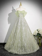 Sage A-Line Off The Shoulder Glittering Tulle Sequins Long Formal Prom Dresses Sweet 16 Dresses