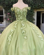 Sage Ball Gown 3D Flowers Off The Shoulder Dresses