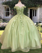 Sage Ball Gown 3D Flowers Off The Shoulder Dresses