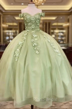 Sage Ball Gown 3D Flowers Off The Shoulder Dresses