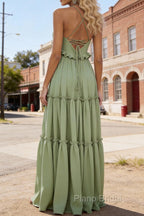 Sage Green A-line V Neck Sleeveless Floor-Length Chiffon Prom Dress Long Prom Dresses Backless with Pleated Ruffles