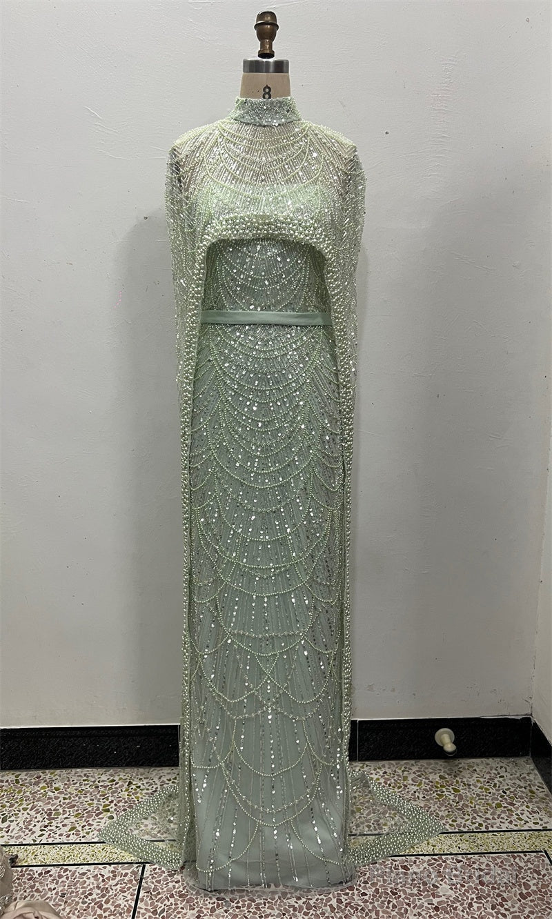Sage Green Beading Prom Dresses Sweep Train High Neck Zipper Sleeveless Evening Dresses Main image