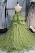 Sage Green Corset Long Prom Dress, Long Green Tulle Party Dress Evening Dresses