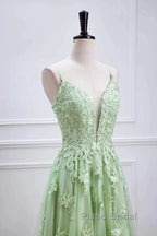 Sage Green Long Formal Prom Dresses Lace Appliques V Neck Lace-Up