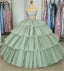 Sage Green  Luxury Tiered Tulle Ruffles Beaded Ball Gown Quinceanera Dress