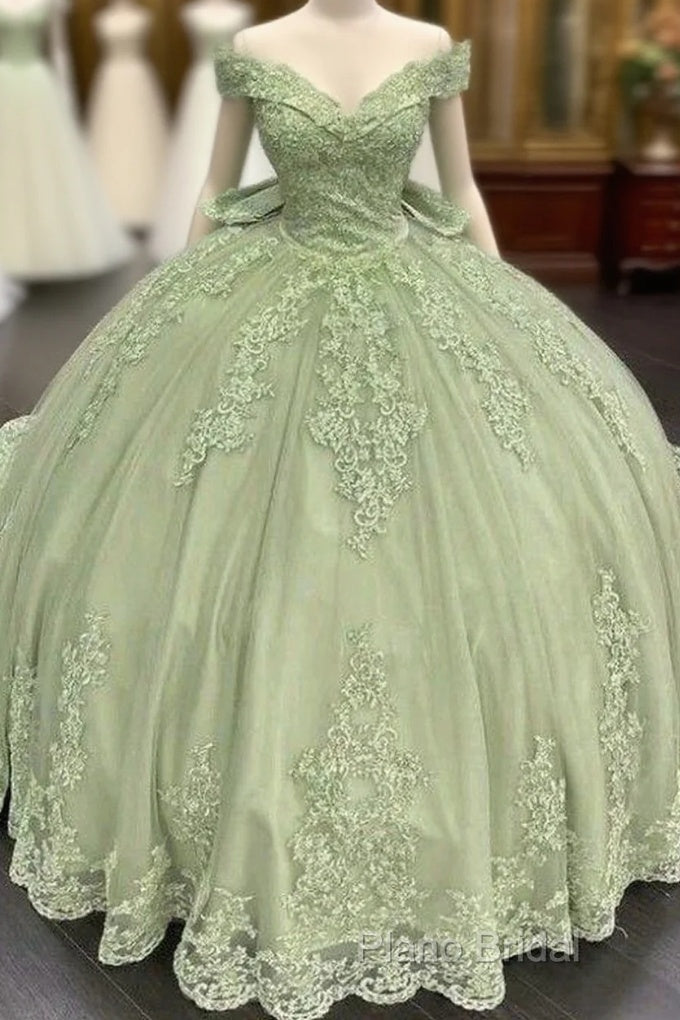 Sage Green Princess Quinceanera Dresses Ball Gown Applique Off Shoulder Sweet 16 Formal Prom Dresses Main image