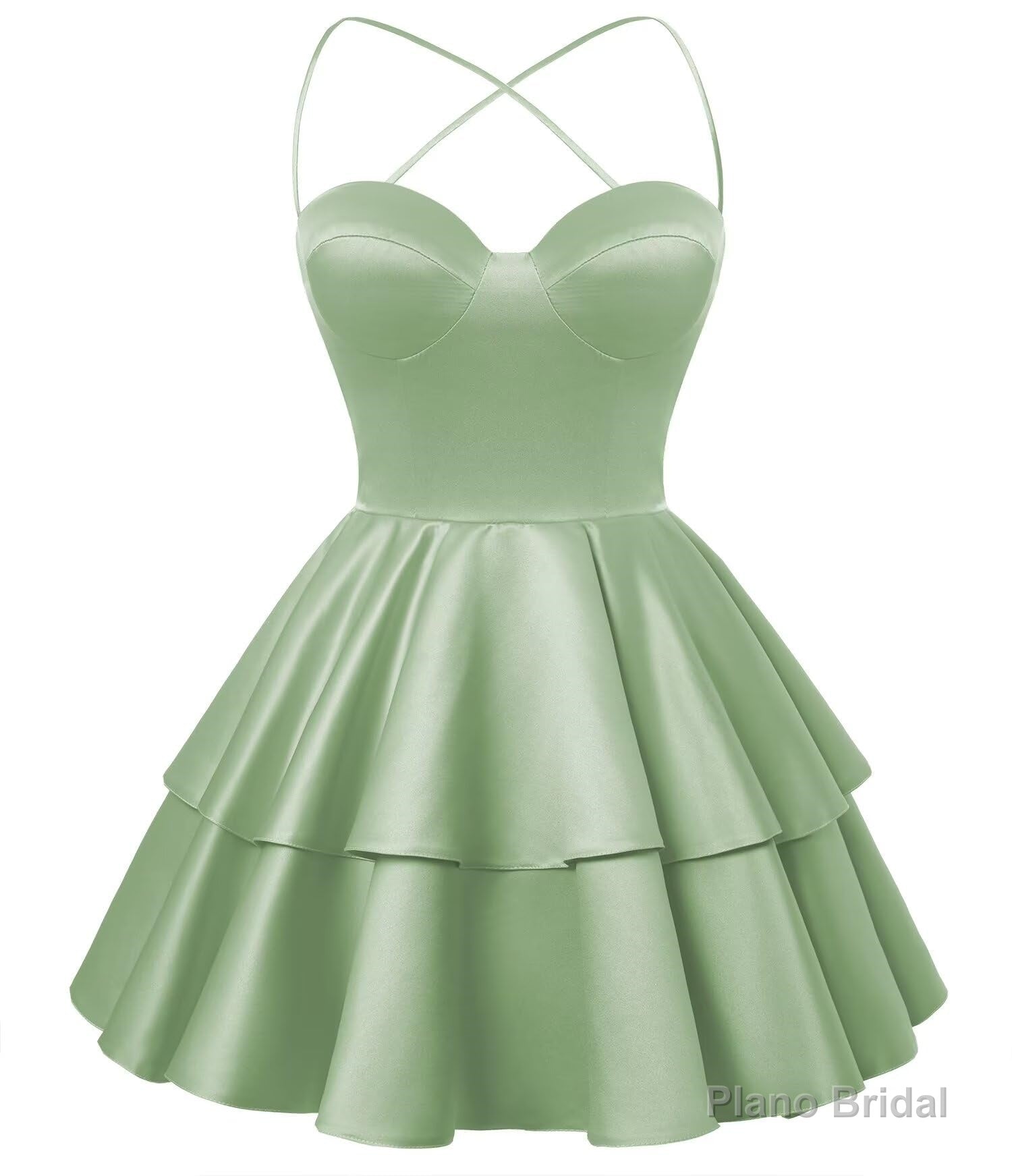 Sage Green Satin Homecoming Dress Sweetheart Neck Tiered Short Graduation Dresses Main image