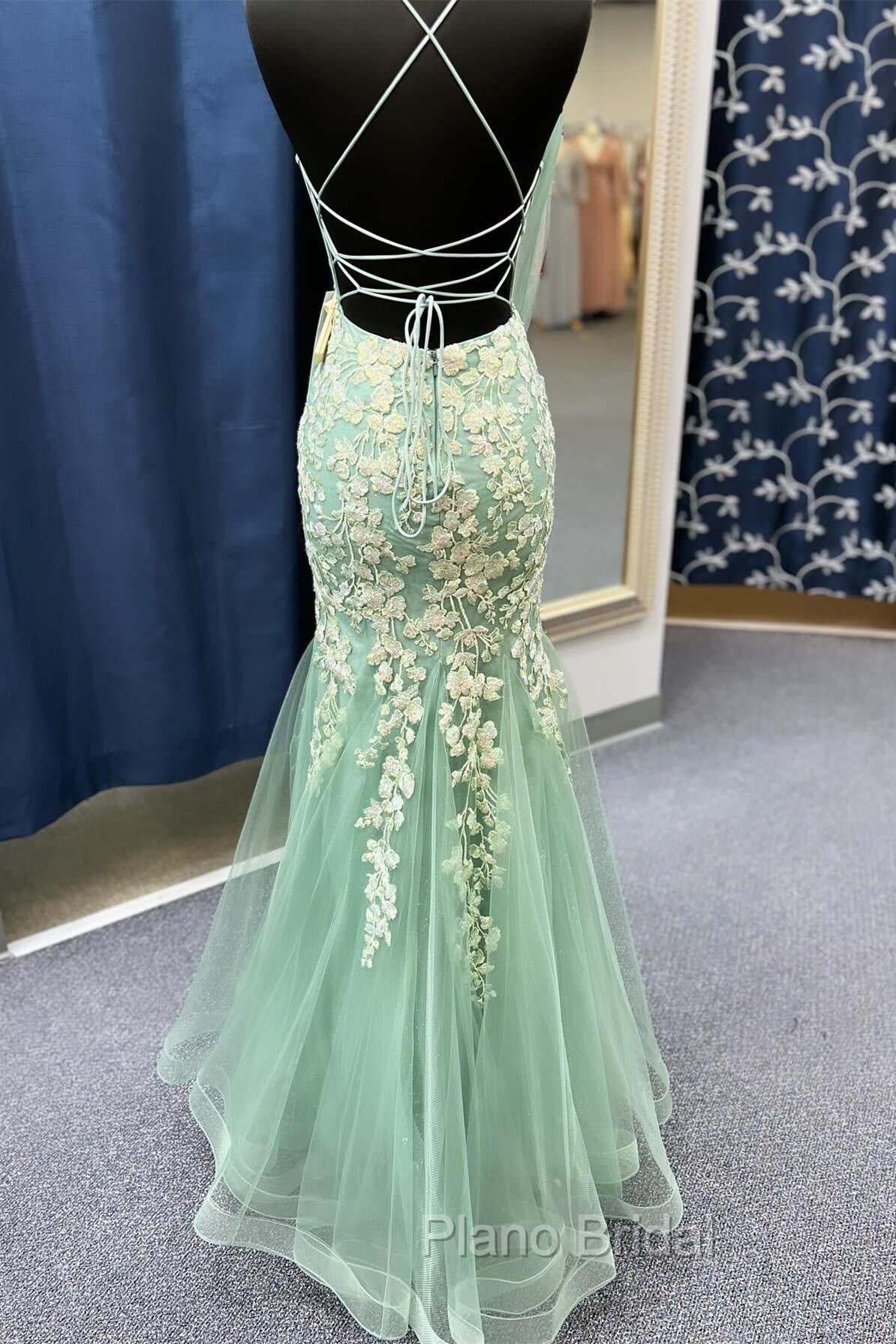 Sage Green Spaghetti Straps Mermaid Formal Prom Dresses With Appliques Secondary image