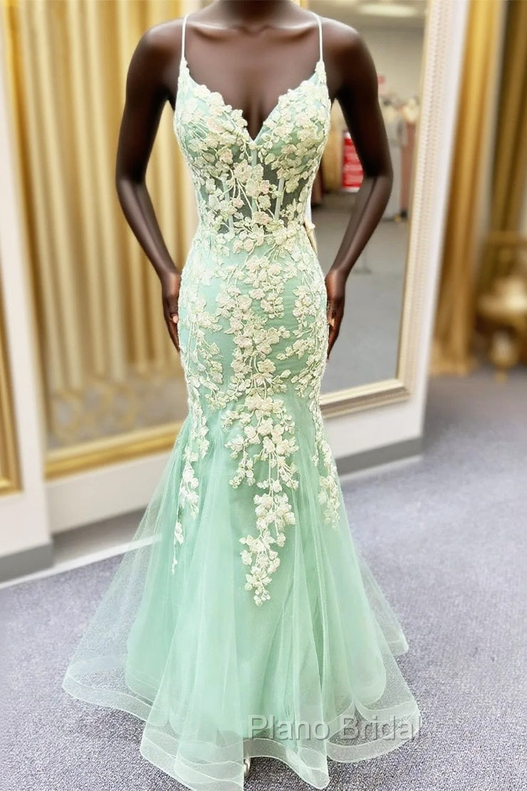 Sage Green Spaghetti Straps Mermaid Formal Prom Dresses With Appliques