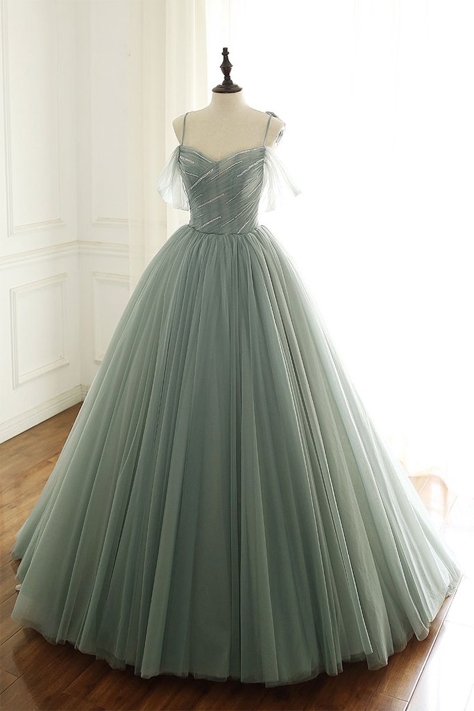 Sage Green Tulle Long Ball Gown With Spaghetti Straps, Sage Green Sweet 16 Dresses Formal Prom Gown Secondary image