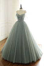 Sage Green Tulle Long Ball Gown With Spaghetti Straps, Sage Green Sweet 16 Dresses Formal Prom Gown