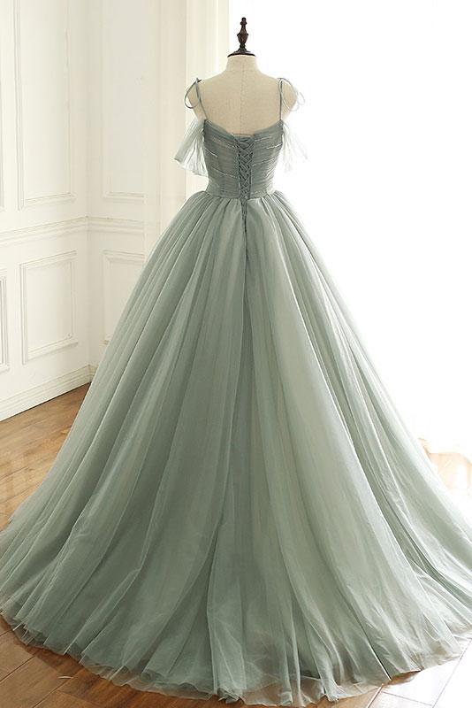 Sage Green Tulle Long Ball Gown With Spaghetti Straps, Sage Green Sweet 16 Dresses Formal Prom Gown