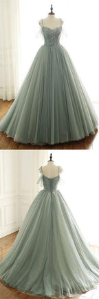 Sage Green Tulle Long Ball Gown With Spaghetti Straps, Sage Green Sweet 16 Dresses Formal Prom Gown