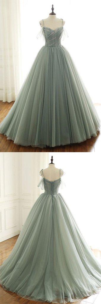 Sage Green Tulle Long Ball Gown With Spaghetti Straps, Sage Green Sweet 16 Dresses Formal Prom Gown