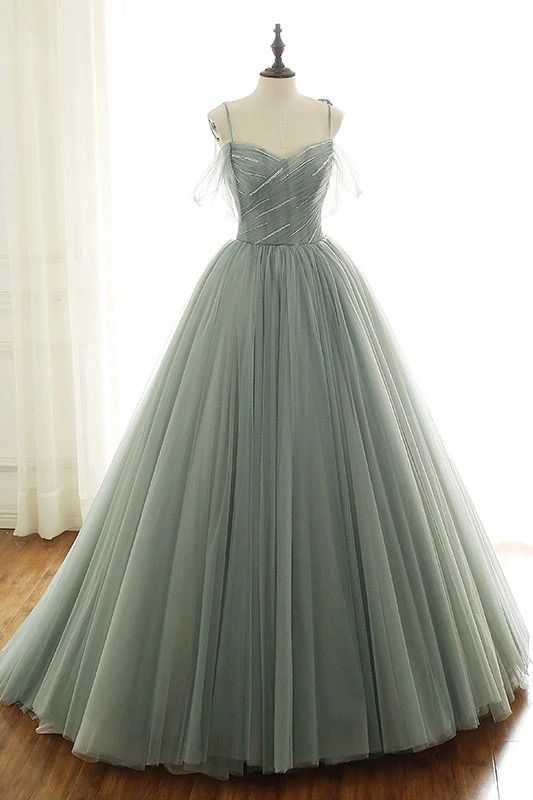 Sage Green Tulle Long Ball Gown With Spaghetti Straps, Sage Green Sweet 16 Dresses Formal Prom Gown