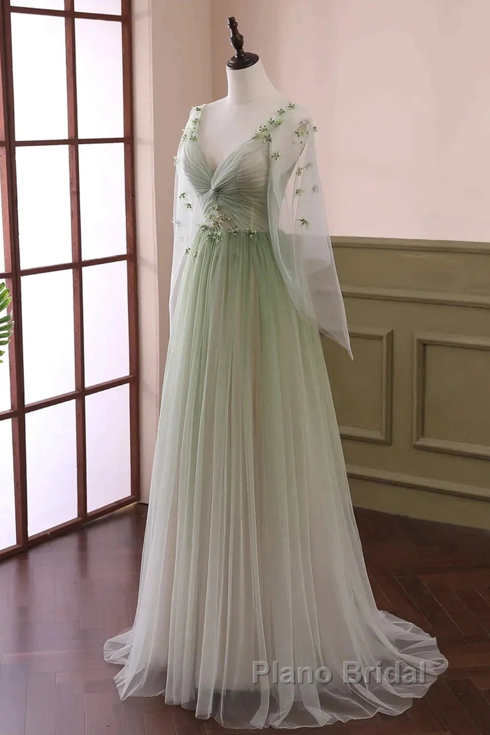 Sage Green Tulle Long Sleeve 3D Flower Formal Prom Dresses Secondary image