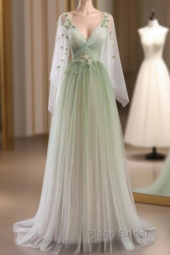 Sage Green Tulle Long Sleeve 3D Flower Formal Prom Dresses Main image