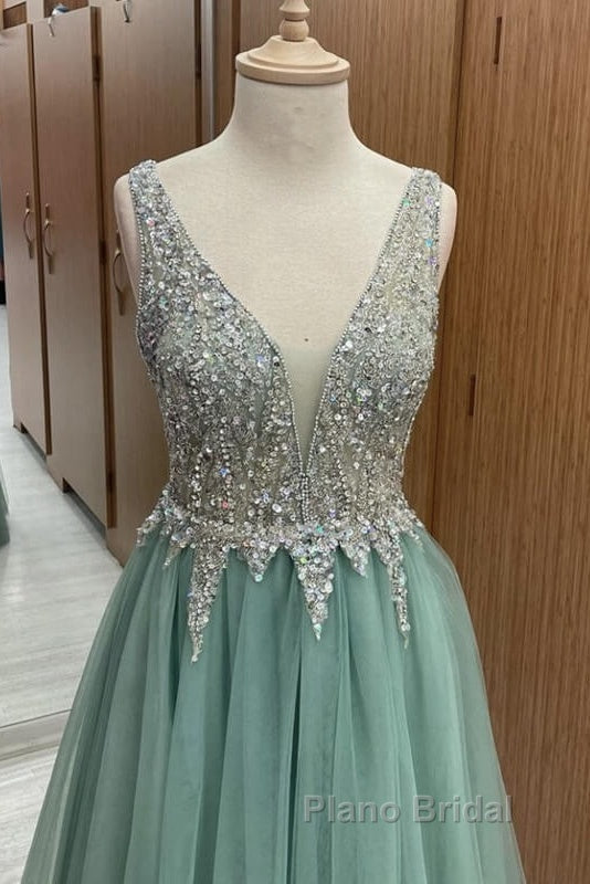 Sage Green Tulle V Neck Beaded Dresses Secondary image