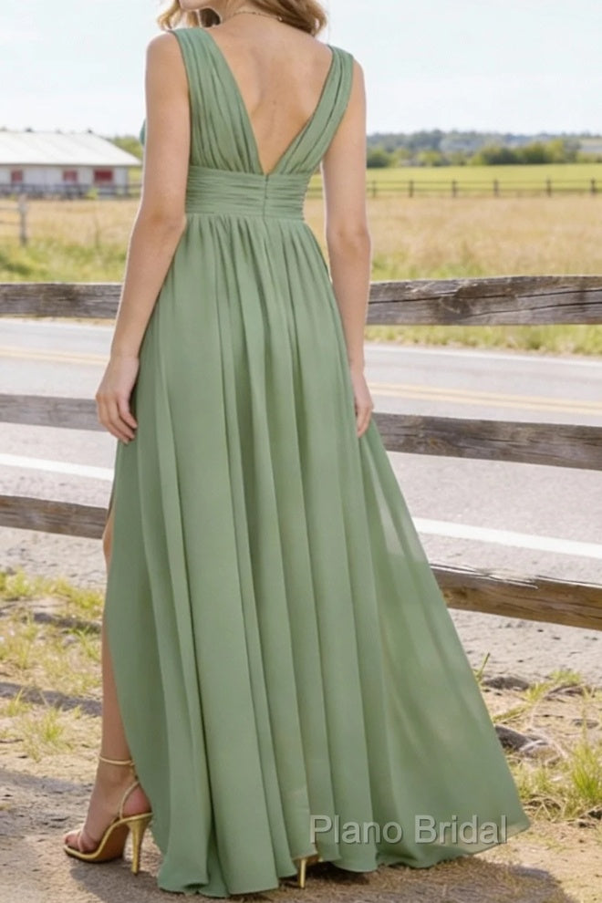Sage Green V Neck Chiffon Floor Length Bridesmaid Dresses Long Bridesmaid Dress With Pleated Split