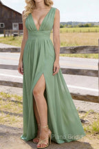 Sage Green V Neck Chiffon Floor Length Bridesmaid Dresses Long Bridesmaid Dress With Pleated Split