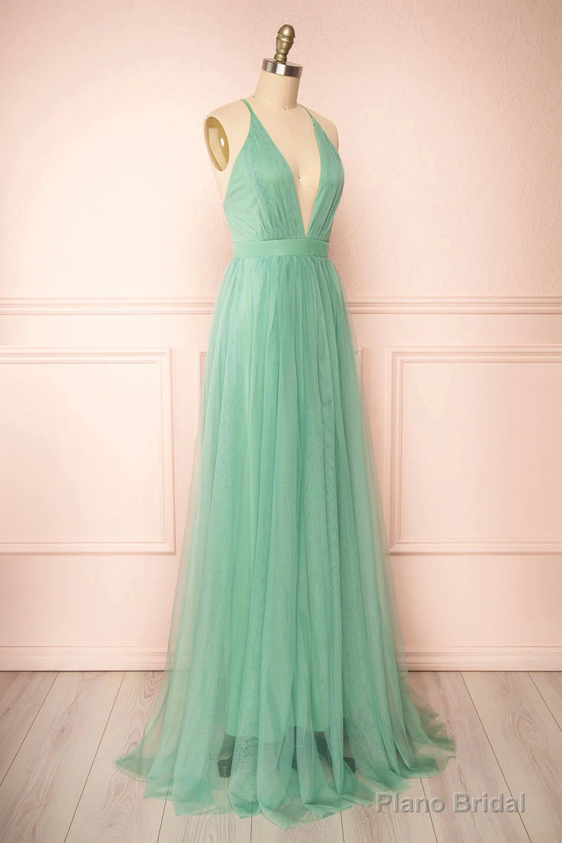 Sage Green V-Neck Tulle Long Prom Dress, Simple Backless Evening Dress Main image